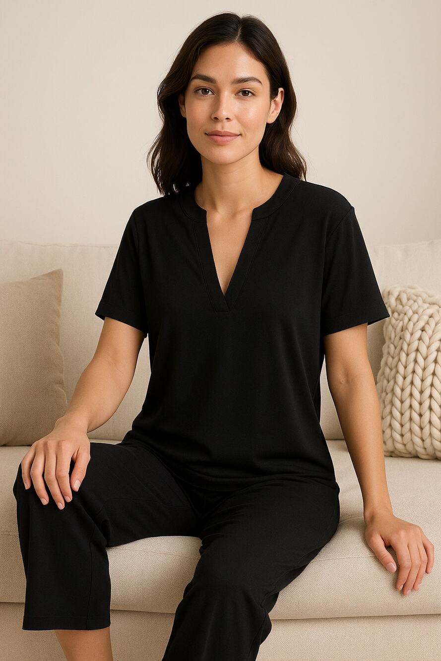 Natori Breeze Pajama Top Small Black V Neck Short Sleeve Lounge Shirt New